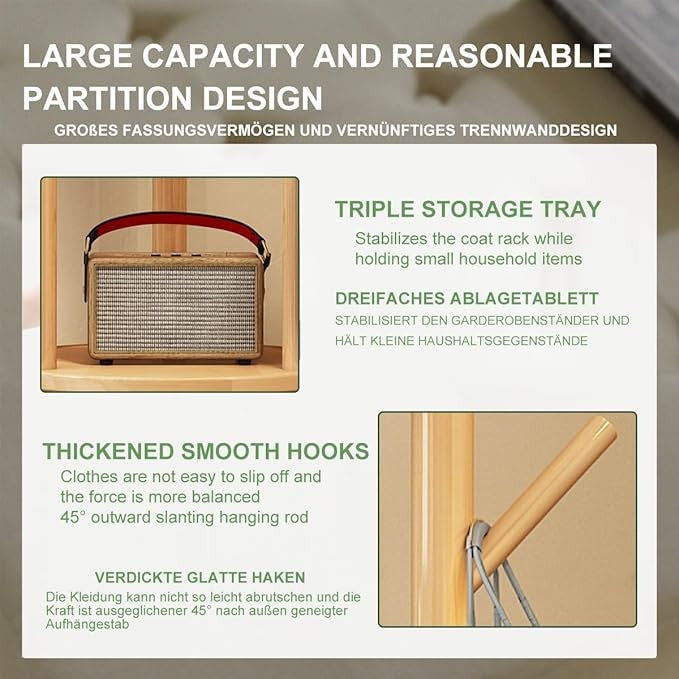 Rotating Coat Rack Stand 165cm Hall Tree with Storage Shelves Light Wood