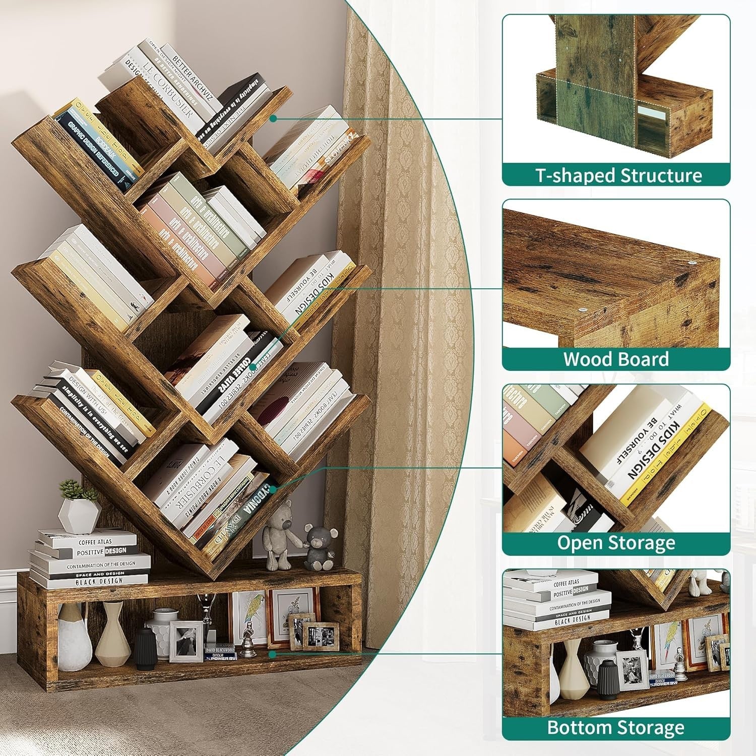 Tree Bookshelf with Drawer 5 Tier Rustic Brown  Wooden Bookcase Storage Rack