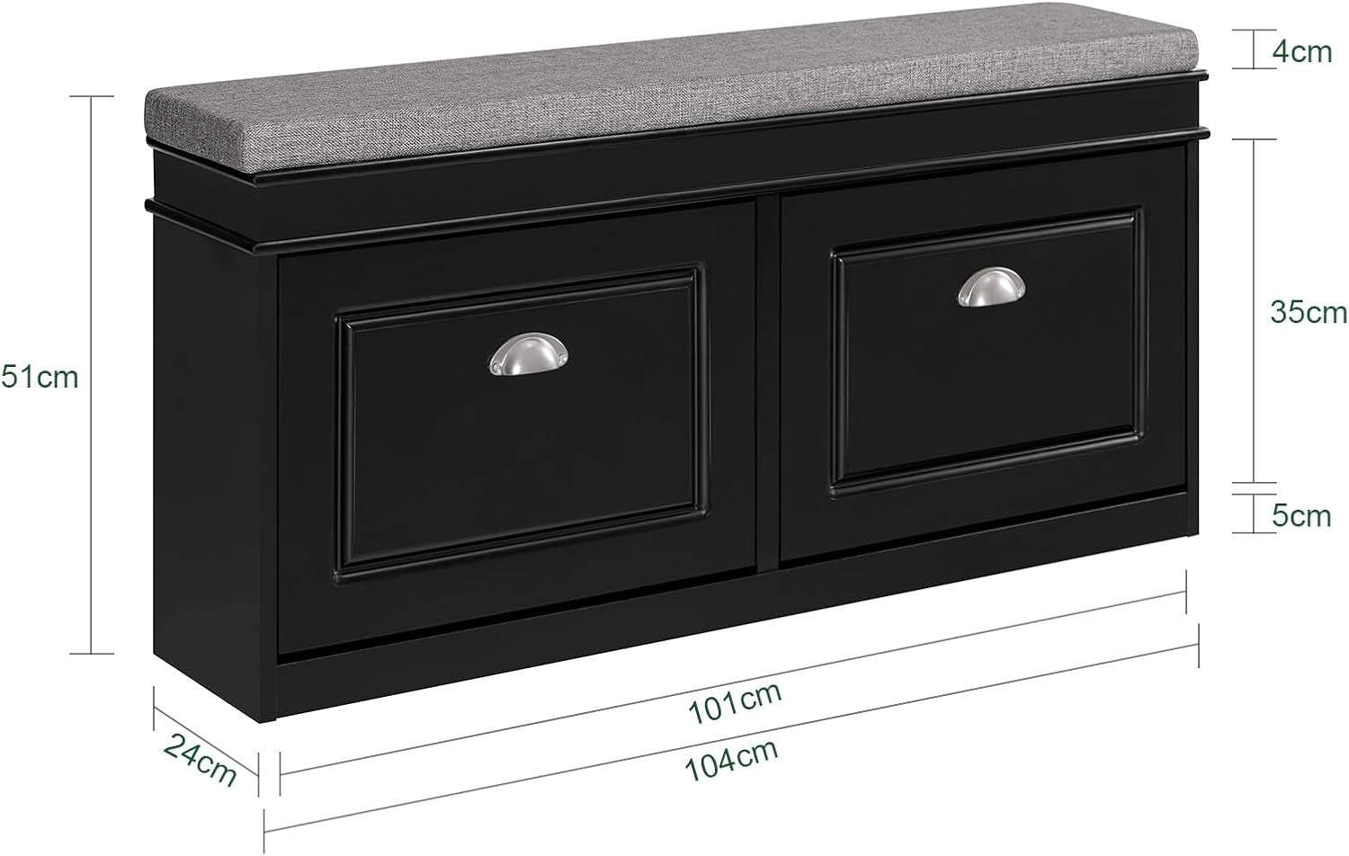 Black Shoe Storage Bench with Cushion Seat & Flip-Drawers – Slim Hallway Cabinet