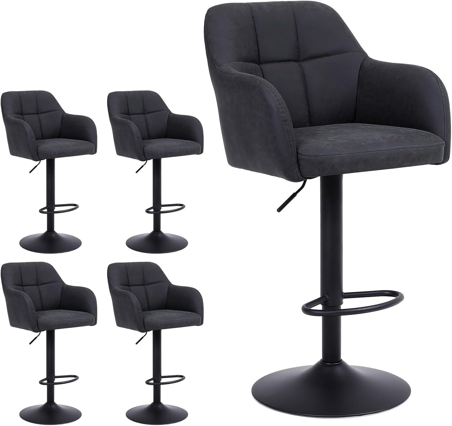 Set of 2 Dark Grey PU Leather Swivel Bar Stools Adjustable Height Modern
