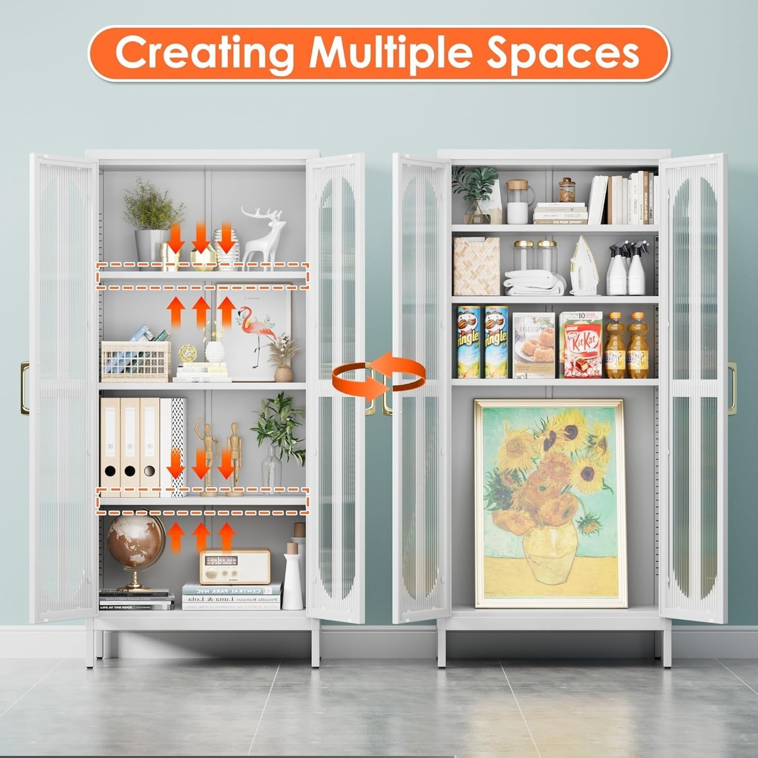 White Metal Storage Cabinet 2 Glass Doors Adjustable Shelves 155H