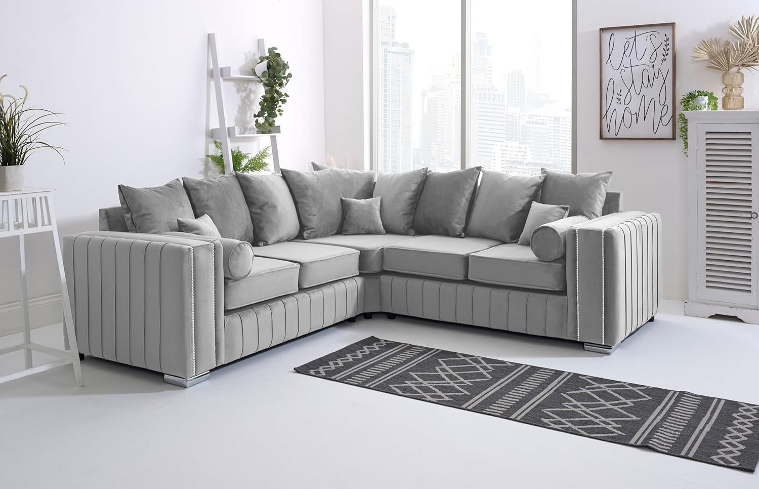 Luxury Silver Velvet Corner Sofa 5 Seater | Scatterback | Foam Cushions