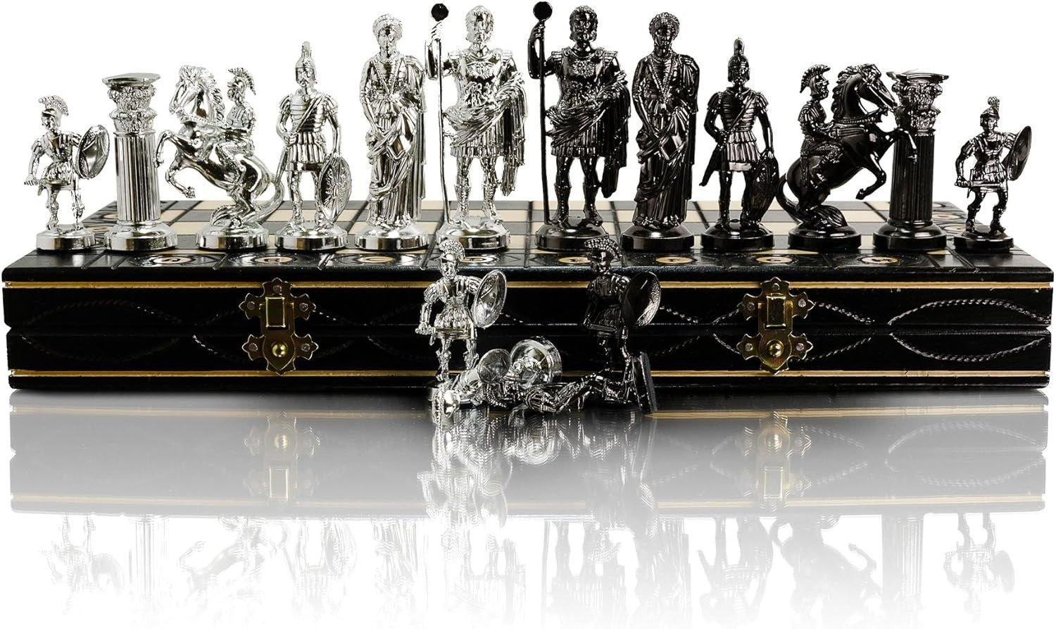 16" Luxury Spartan Silver Chess Set Weighted Chrome Pieces & Inlaid Board