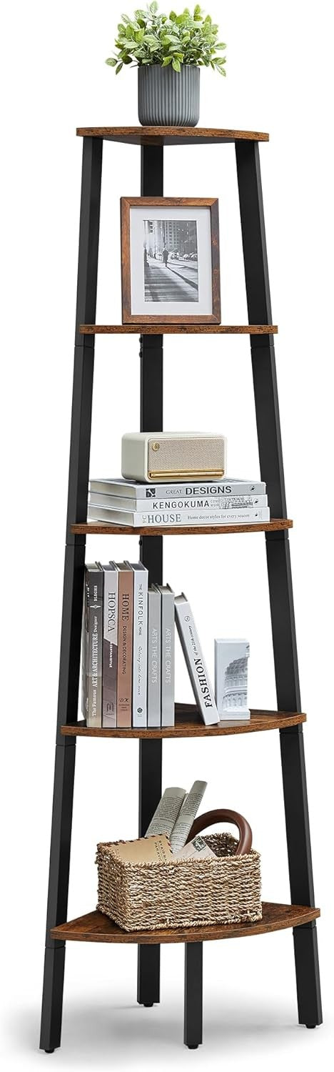 5-Tier Industrial Corner Shelf Unit Rustic Brown & Black Space-Saving Ladder