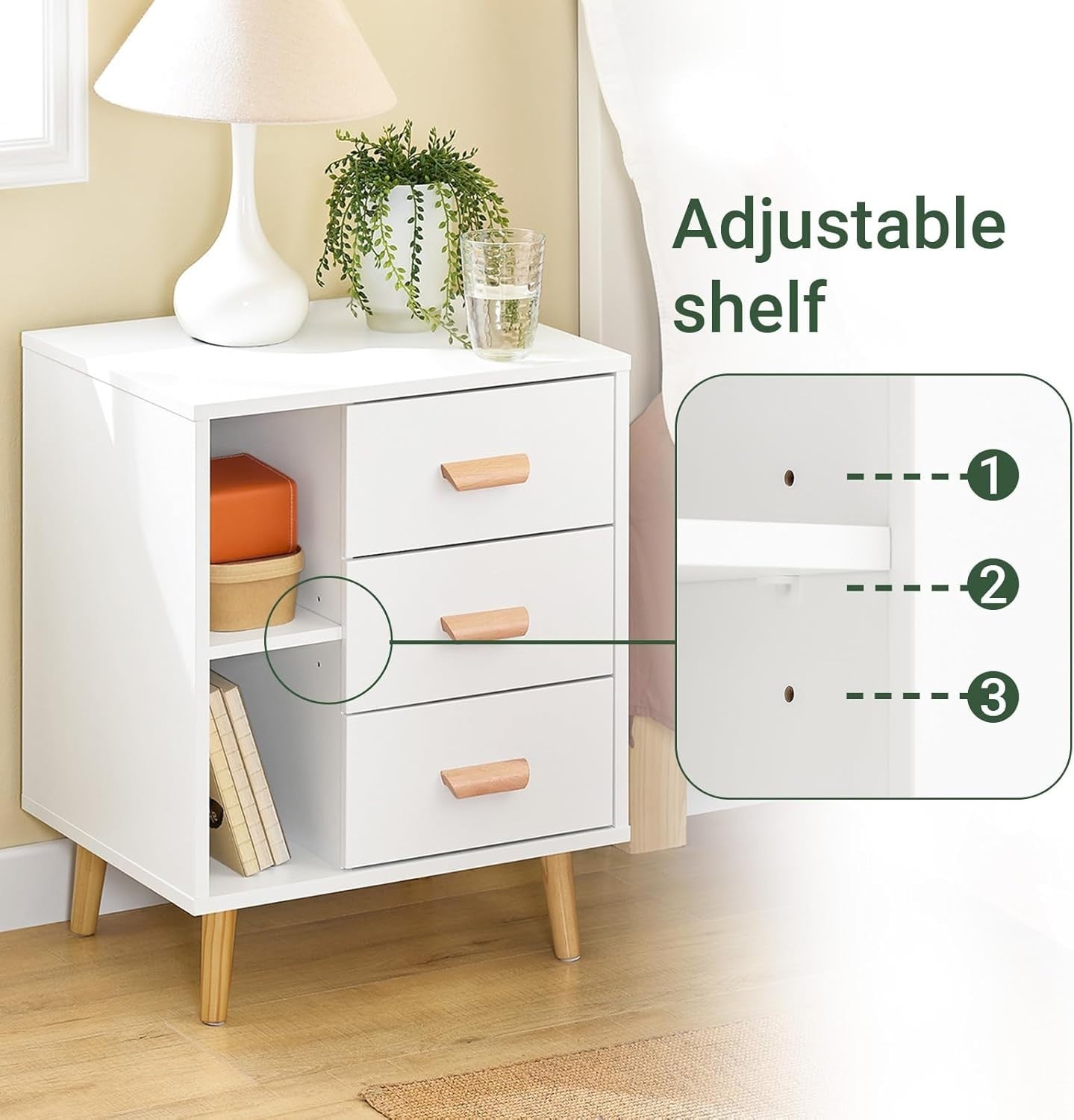Modern White 3 Drawer Bedside Table with Shelves – Scandinavian Storage Unit
