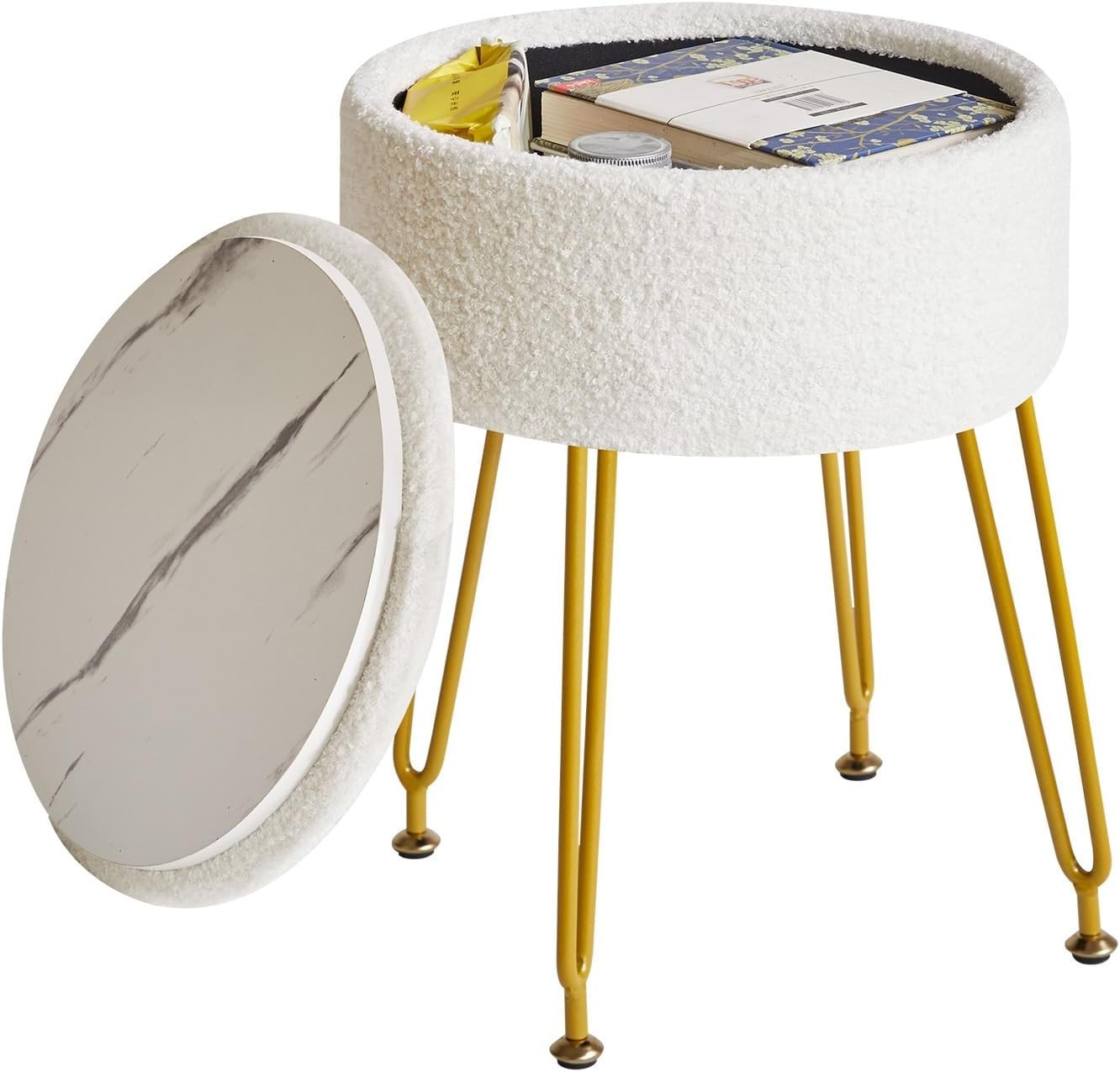 White Teddy Velvet Storage Footrest Stool – Vanity Seat w/ Golden Steel Legs