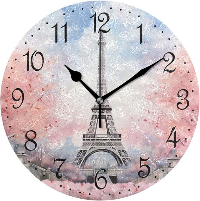 Eiffel Tower Wall Clock 25cm Pink Blue Flower Art Silent Non-Ticking Home Decor