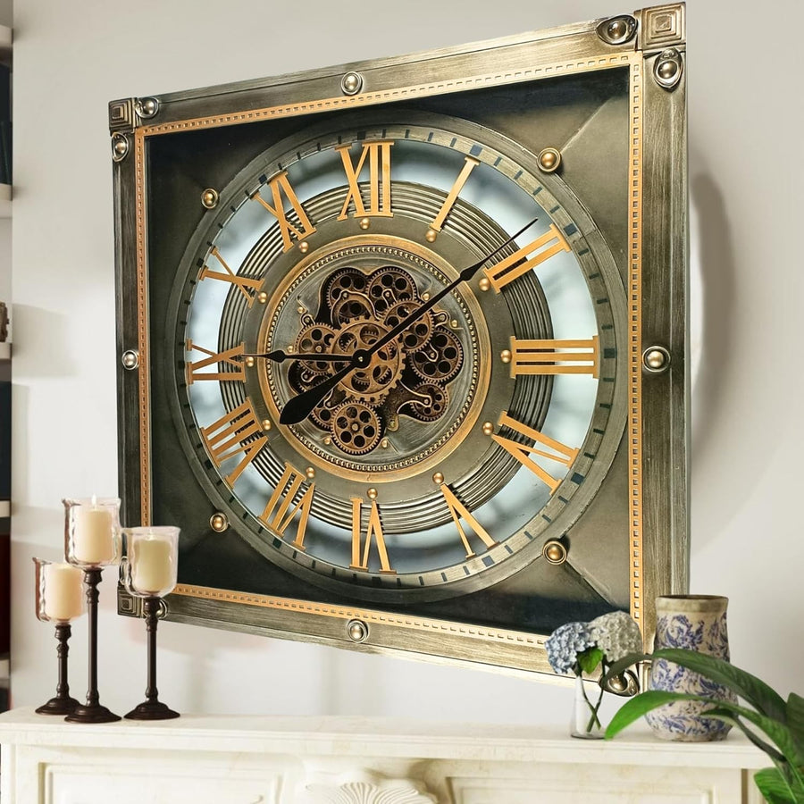 32” Large Moving Gear Wall Clock Vintage Industrial Square Metal Decor
