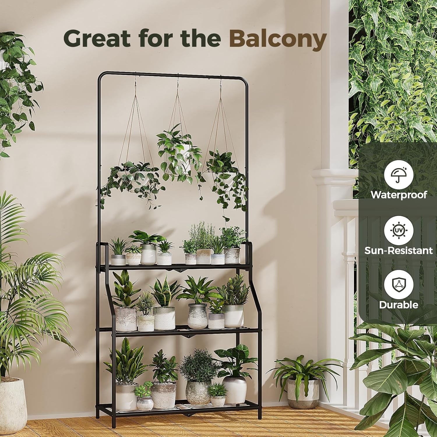 3 Tier Hanging Metal Plant Stand Black  Indoor Outdoor Flower Pot Shelf Rack