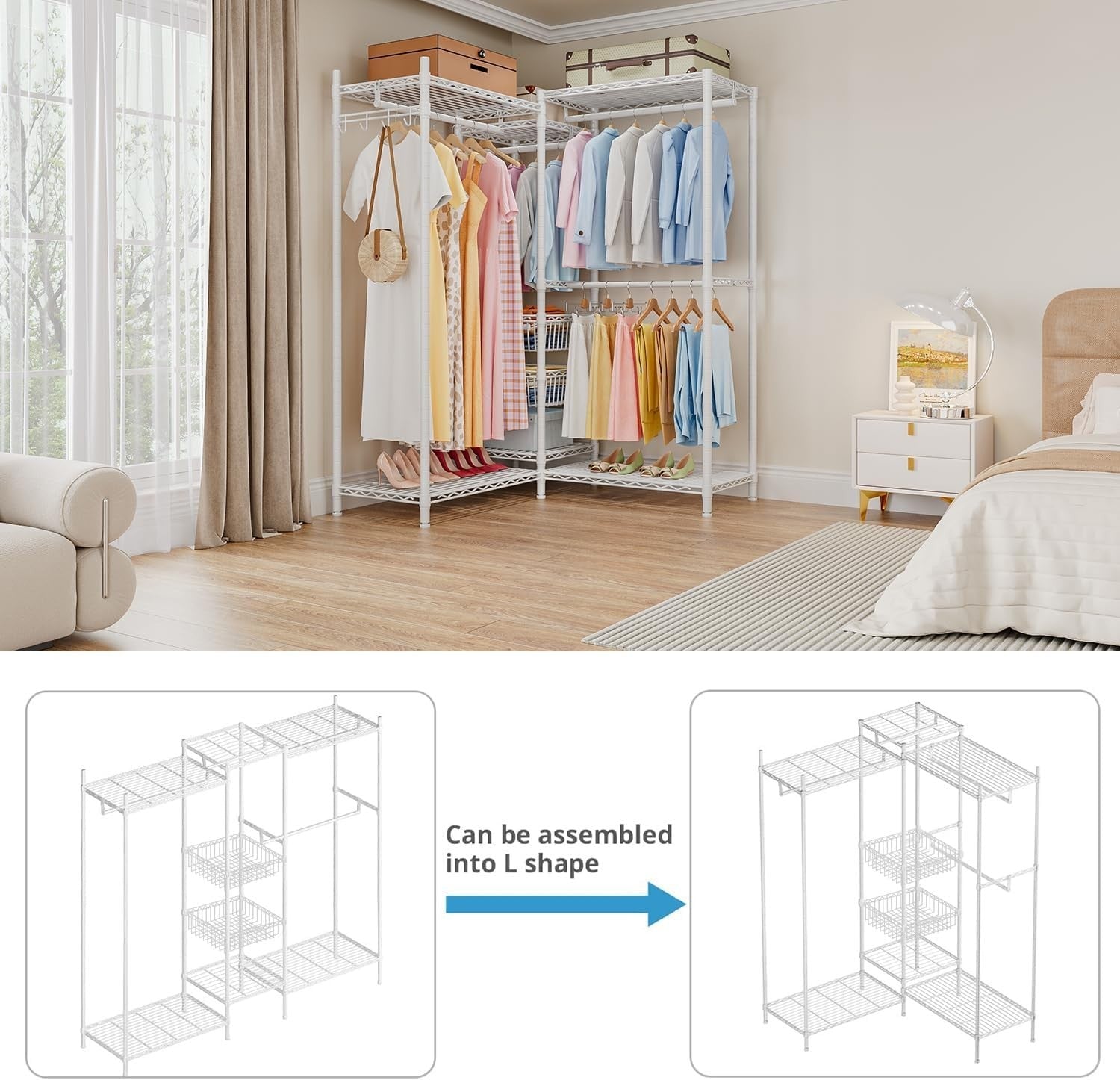Heavy Duty Clothes Rail White with Shelves & Baskets 320kg