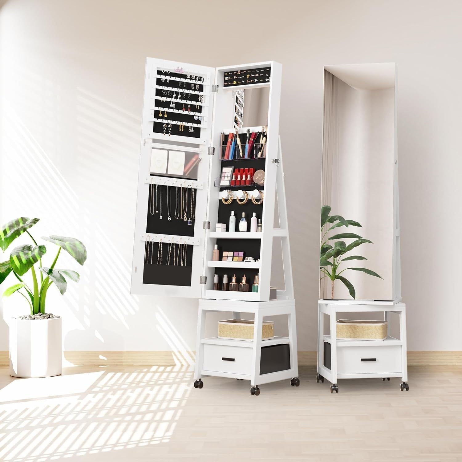 White 4 in 1 Rotating Jewellery Cabinet Full Length Mirror with Wheels