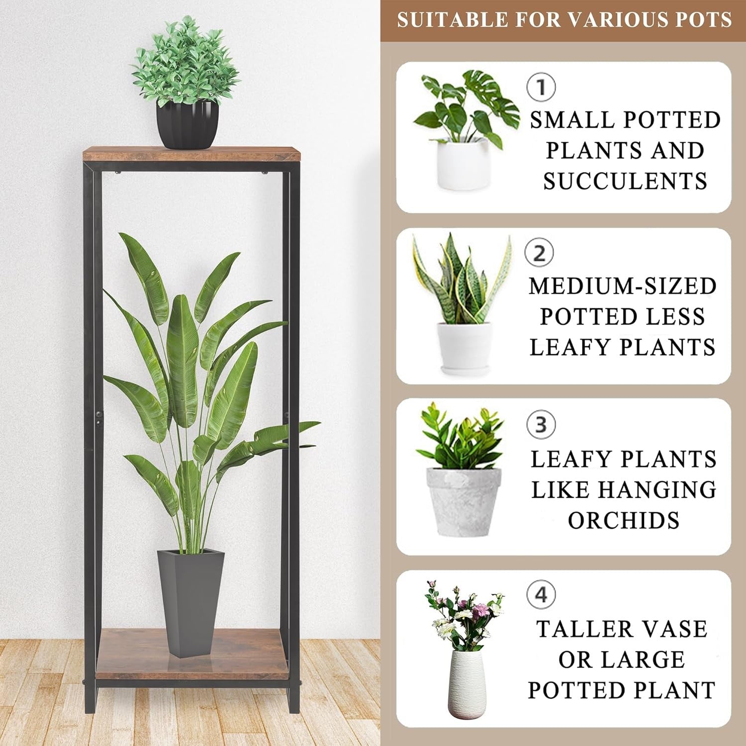 34" Tall 2 Tier Rustic Brown Metal Plant Stand Indoor Flower Pot Shelf