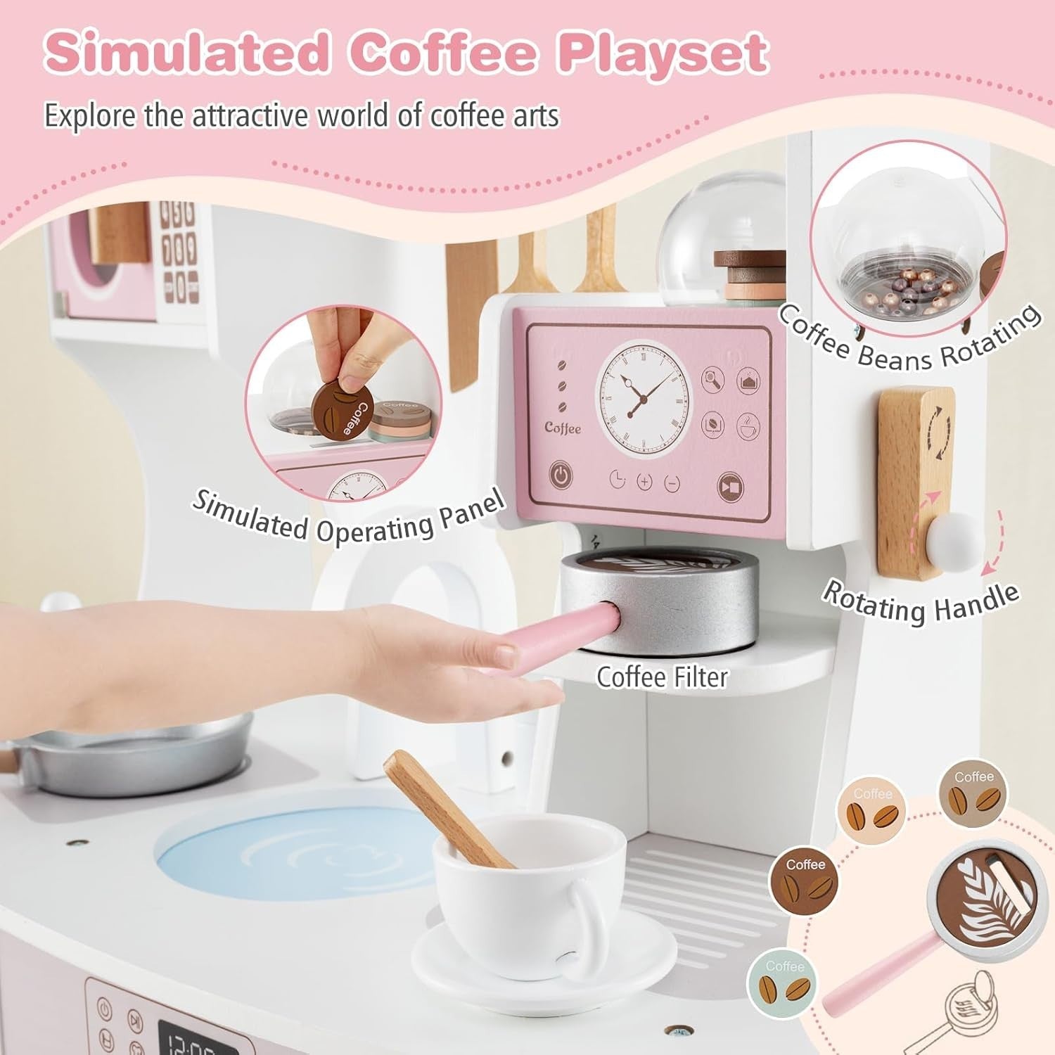 Kids Wooden Play Kitchen w/ Coffee Maker Microwave Pink Toy