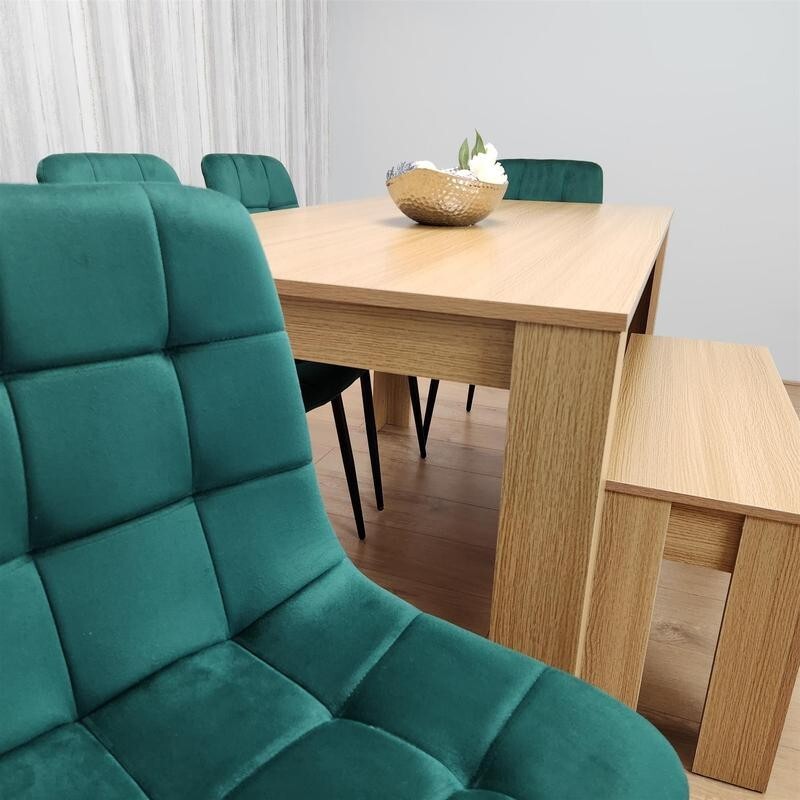 6 Seater Oak Effect Dining Table Set with Green Velvet Chairs & Bench Wood
