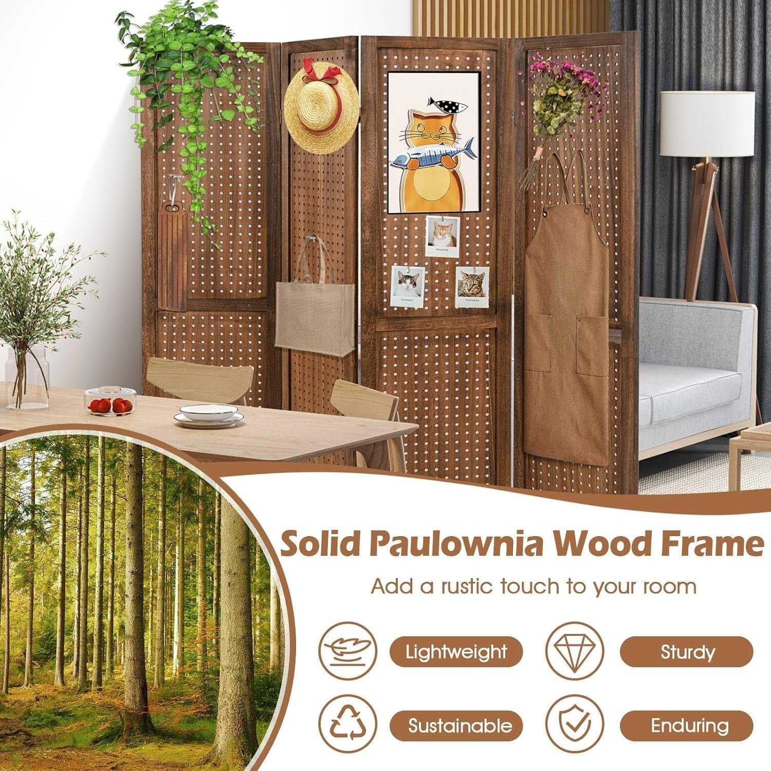 4 Panel Wooden Room Divider Folding Privacy Screen Pegboard Partition 160x170cm