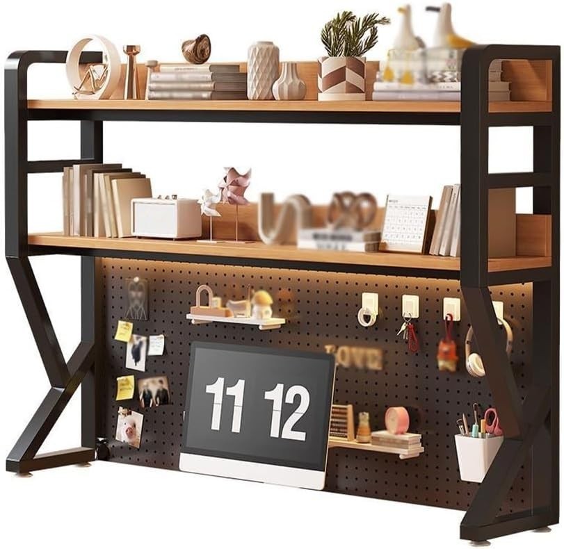 110cm Black Desktop Bookshelf Pegboard 2-Tier Desk Hutch Countertop Organizer