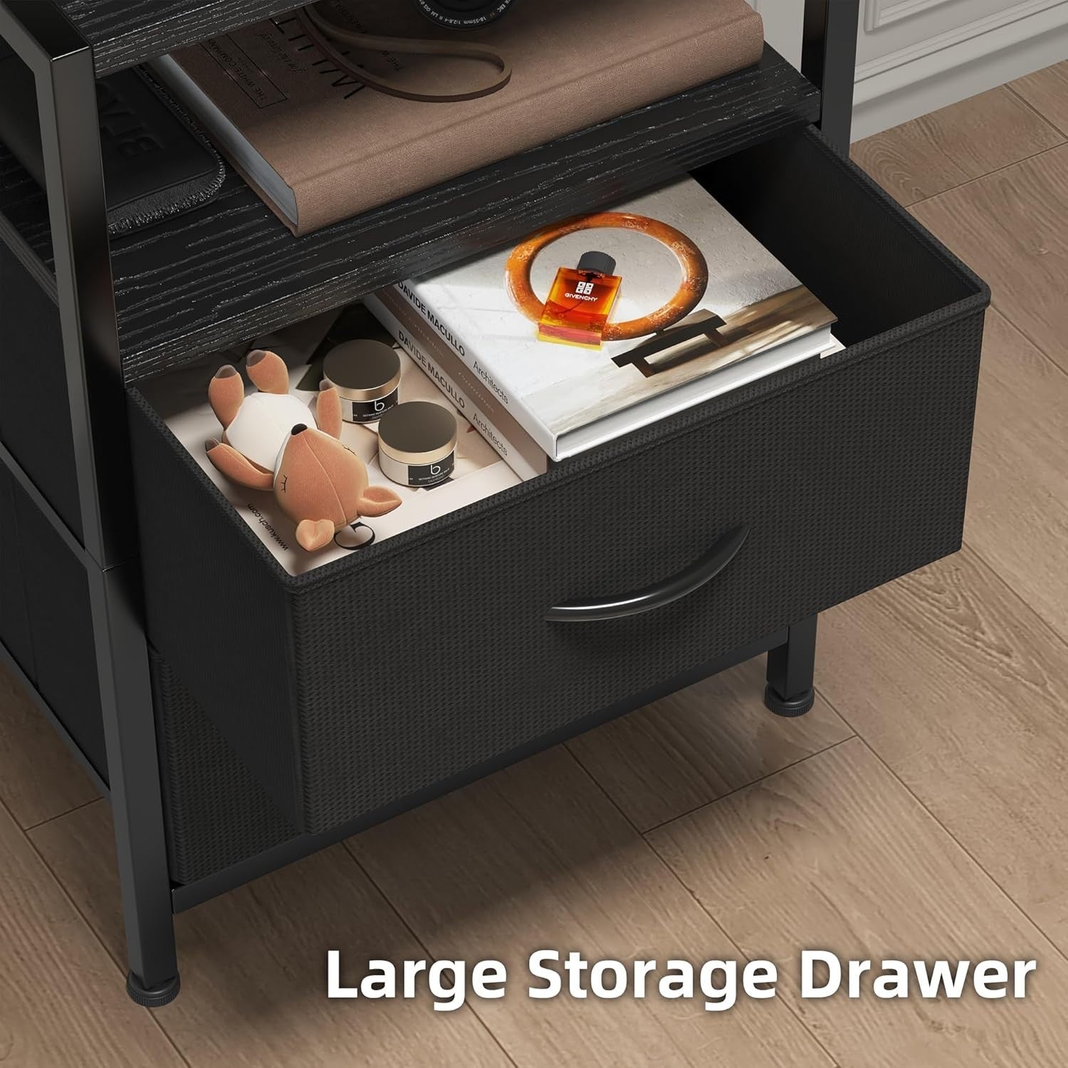 Black Bedside Table with Charging Station & LED Light, Modern Nightstand