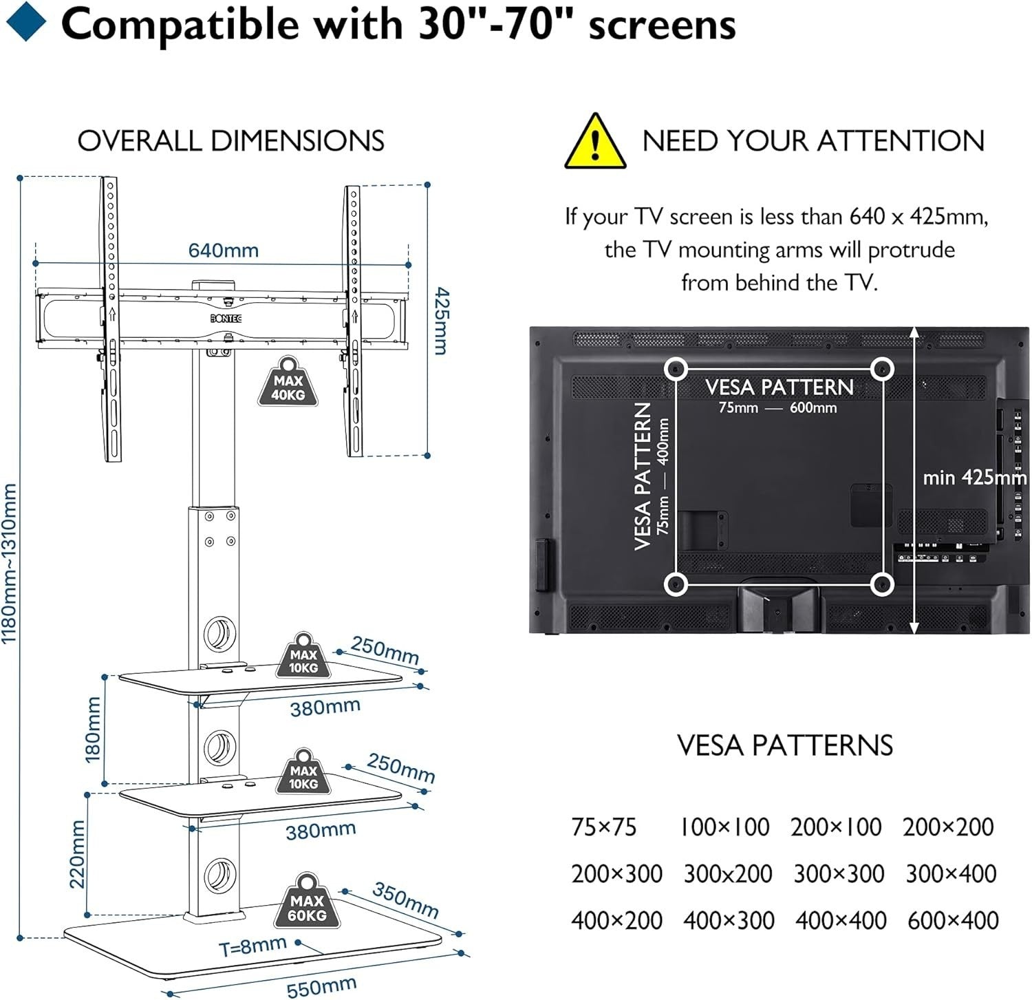 Universal Black TV Floor Stand 30-70" Adjustable Swivel 3-Tier Glass Shelves