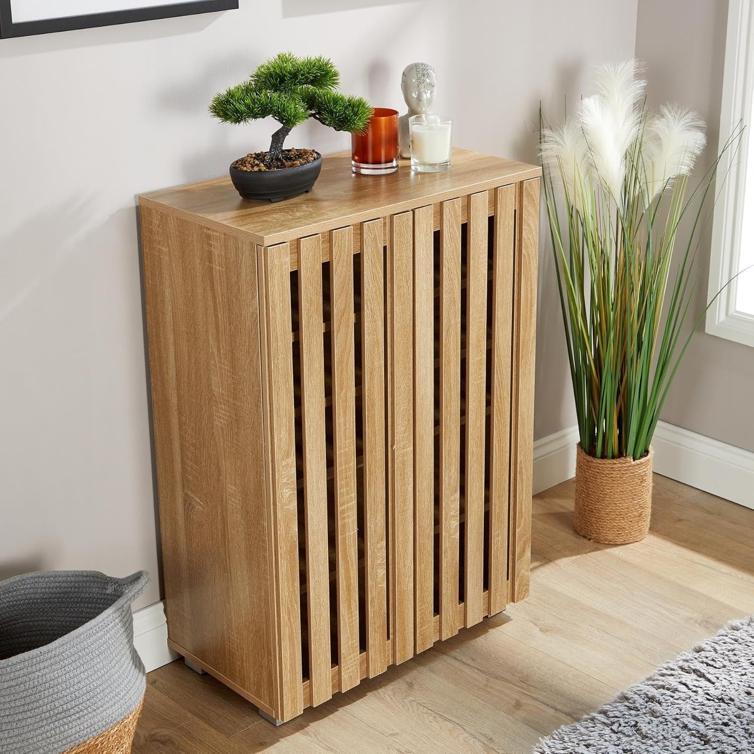 Spacious 2 Door Wooden Shoe Cabinet with 4 Shelves | Oak Effect, Durable