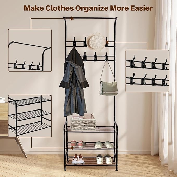 Freestanding Coat Rack with Shoe Bench & Hooks | Black Metal Hall Tree Organizer