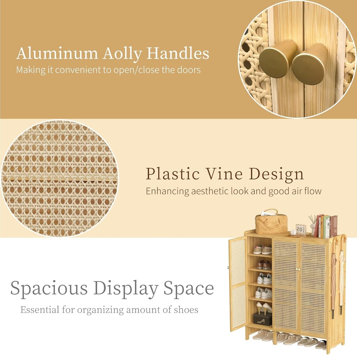 Large 5-Tier Bamboo Shoe Cabinet with Rattan Doors & Side Hooks, Slim Organizer