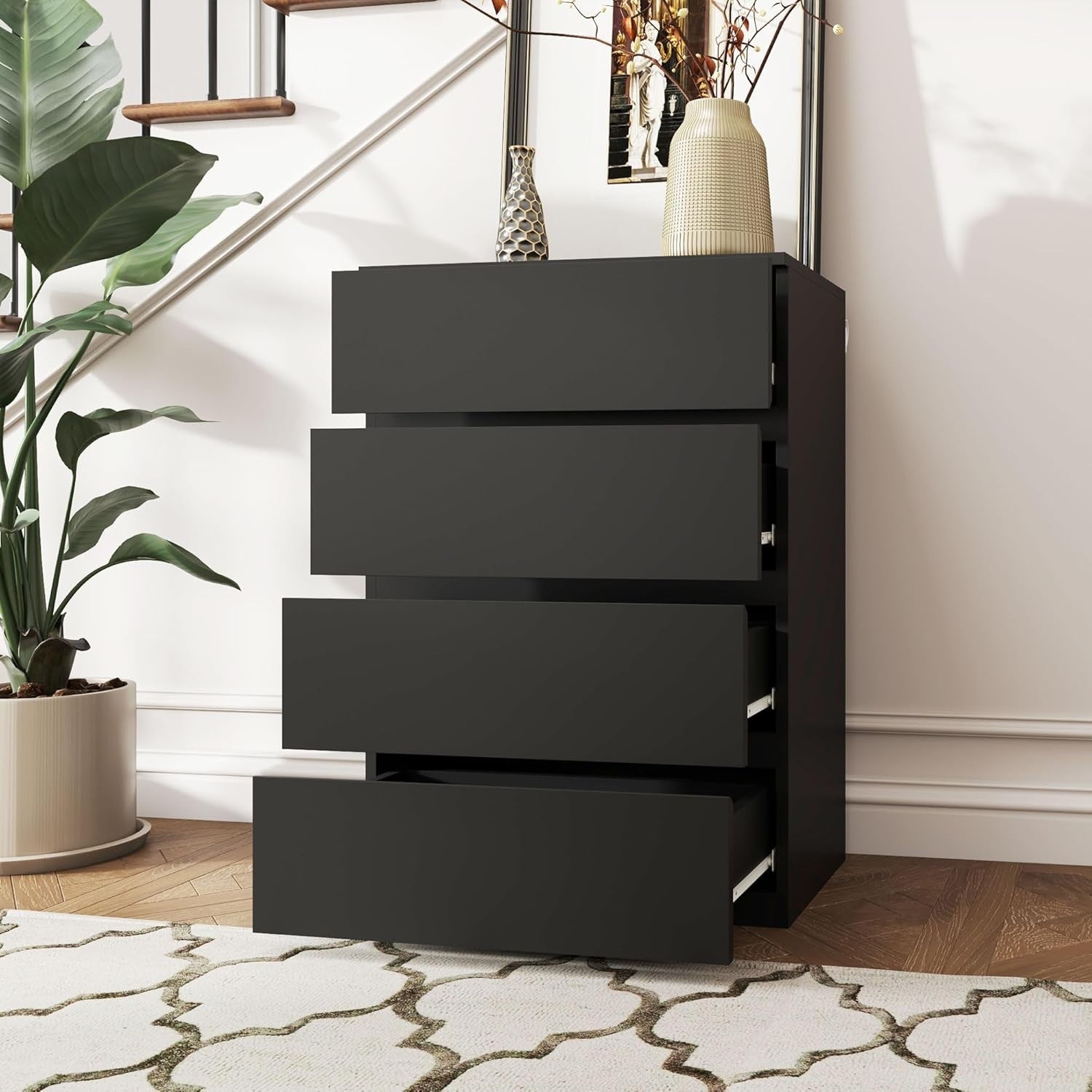 Black 4 Drawer Chest Bedroom Storage Cabinet Modern Tall Unit 80cm