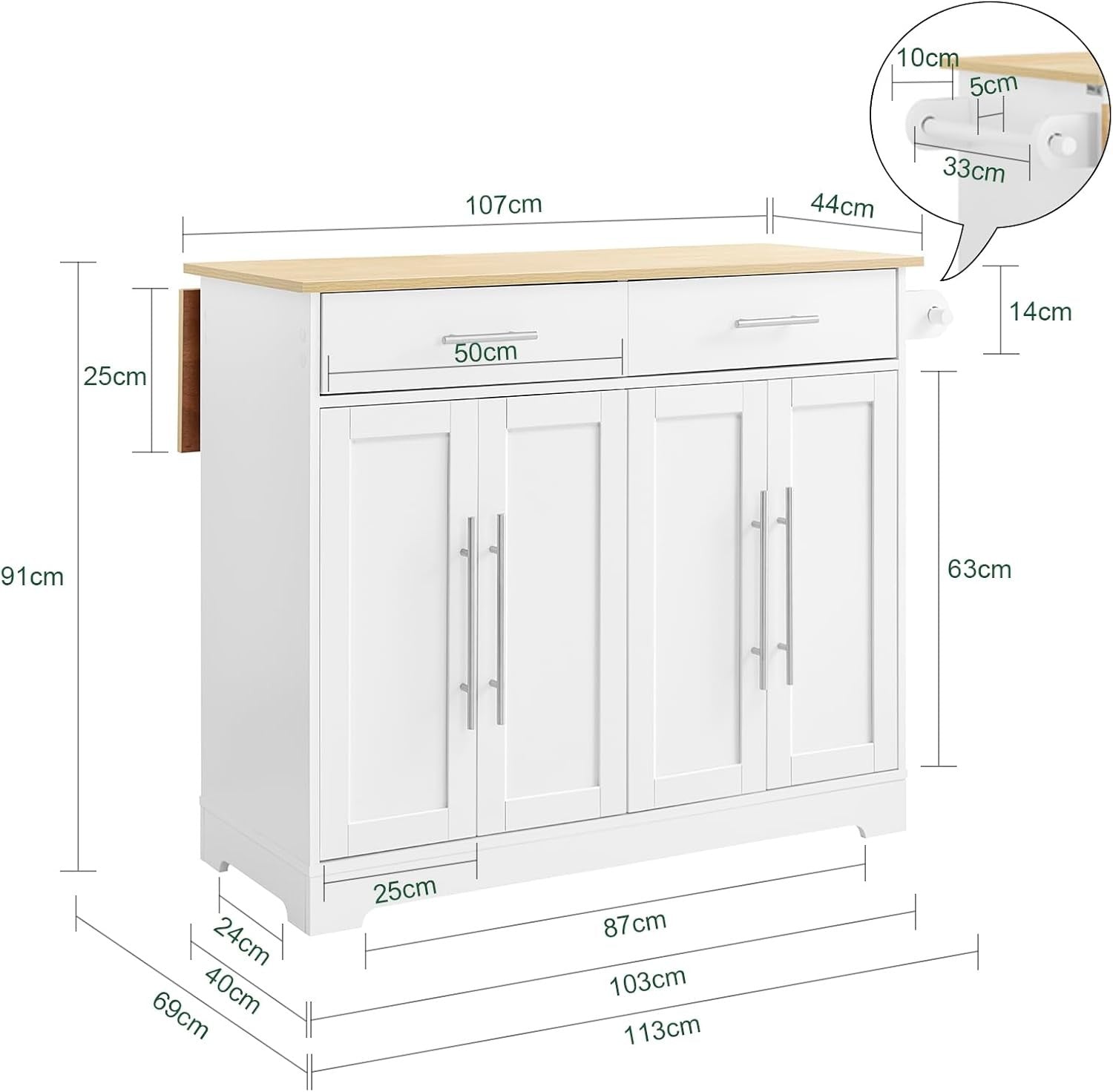 Large Kitchen Island on Wheels Extendable Wood Top Storage Cabinet Drawers