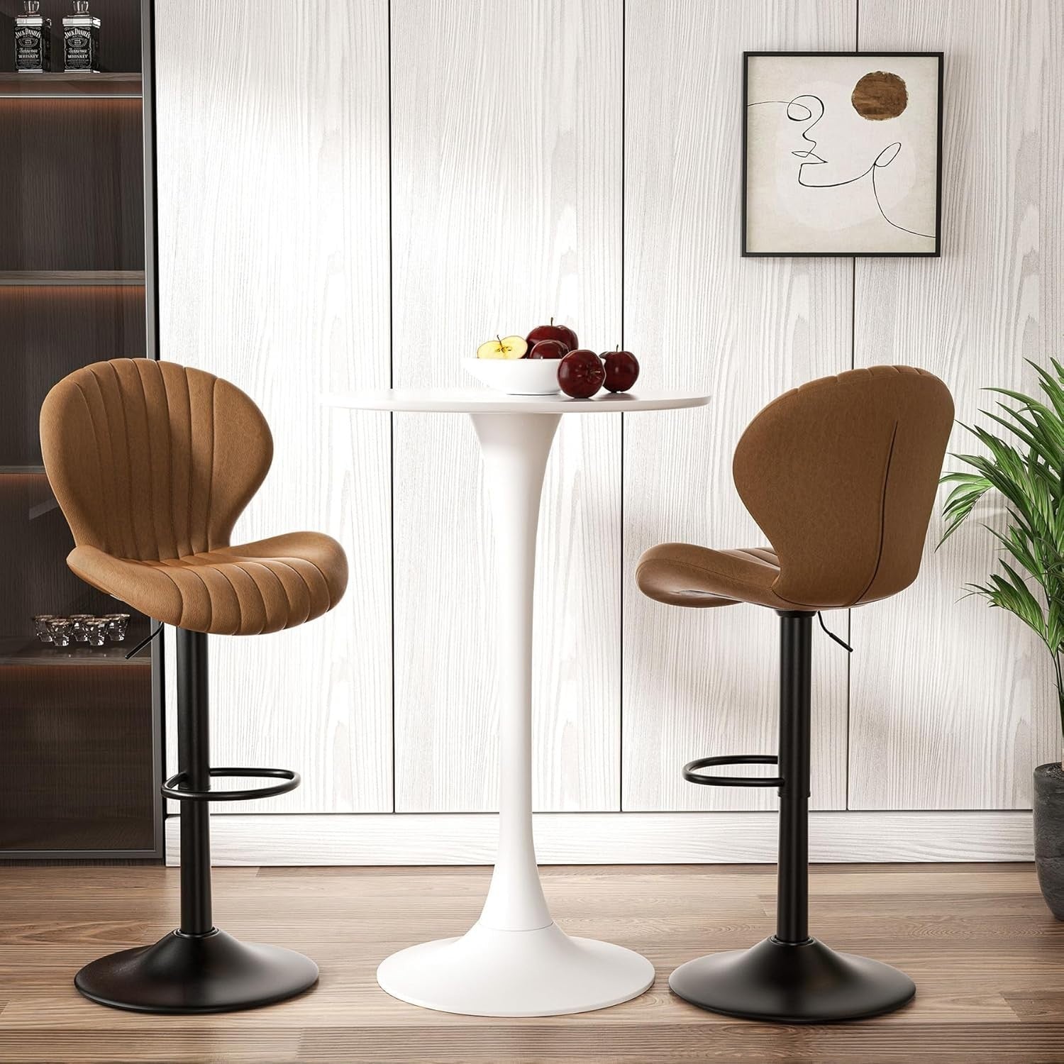 Brown Fabric Bar Stools Set of 2 Swivel Wooden Metal Counter Chairs