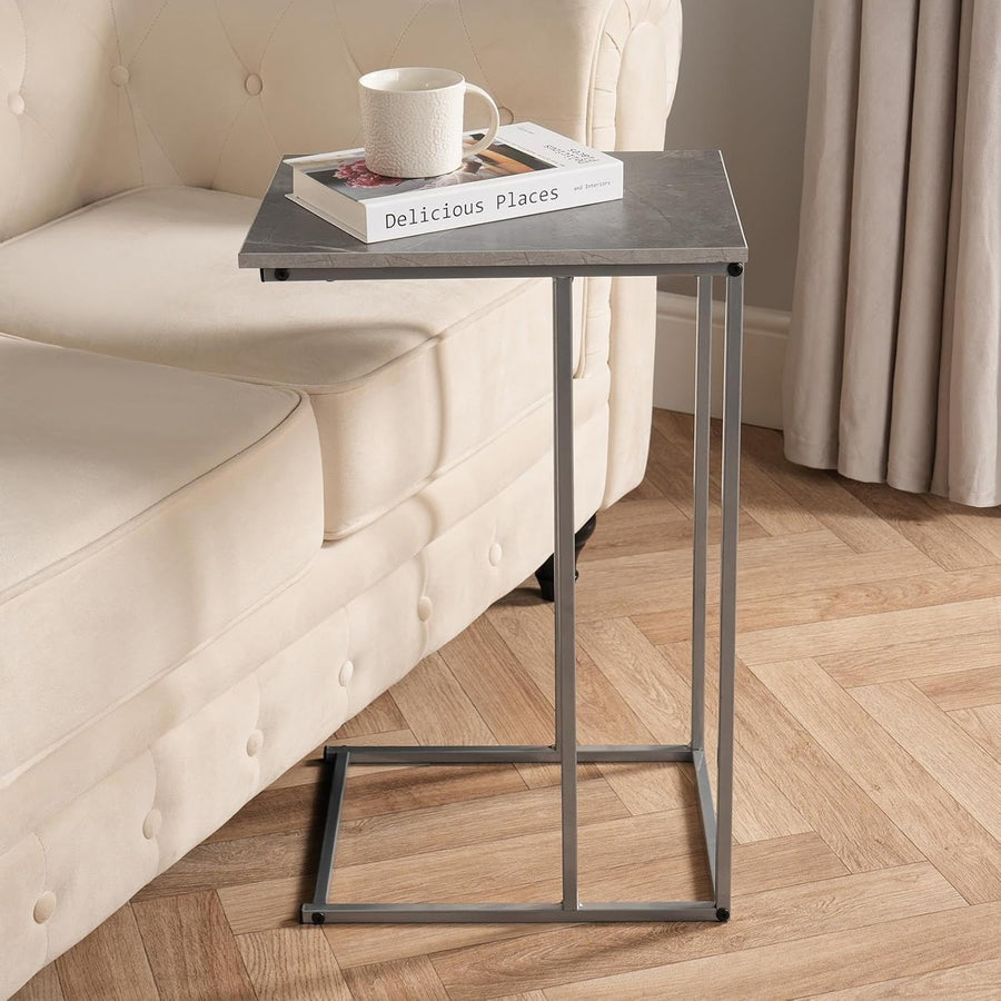 C-Shaped Grey Marble Side Table – Space-Saving Sofa End Table with Storage