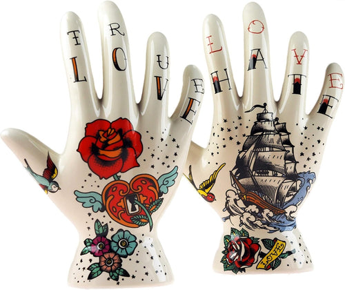 Tattoo Palmistry Hand Ornaments Set of 2 | Love Hate Ceramic Decor Gift