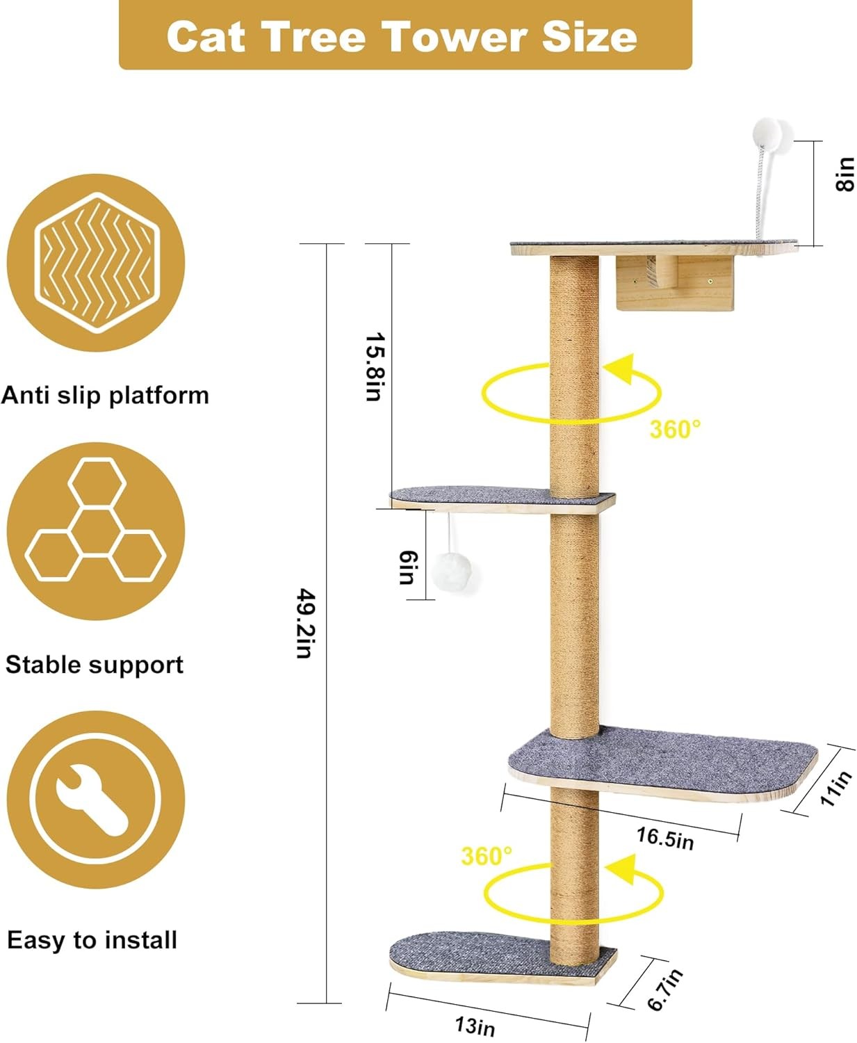 Wall Mounted Cat Tree 125cm 4 Tier Scratching Post Cat Wall Shelves