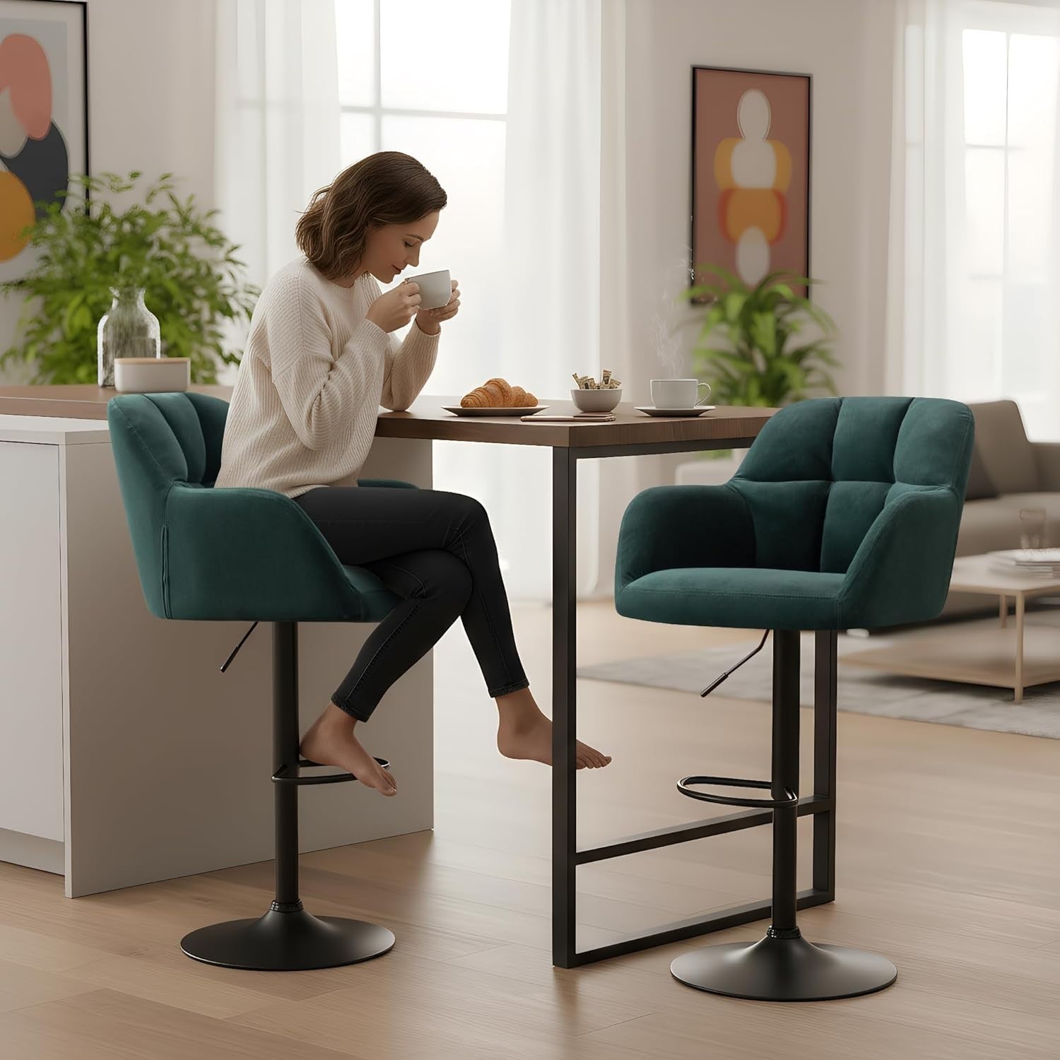 Adjustable Green Velvet Bar Stools Set of 2 Swivel Kitchen Counter