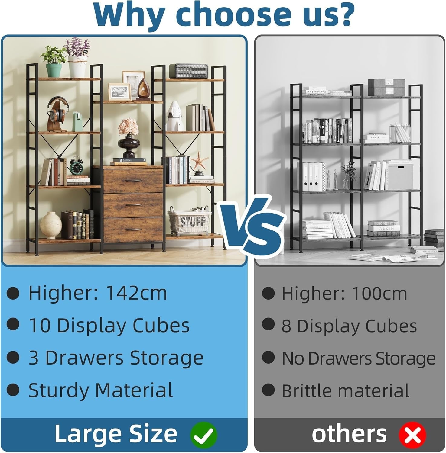 150cm Wide Tall 4-Tier Bookcase with 3 Fabric Drawers Industrial Storage