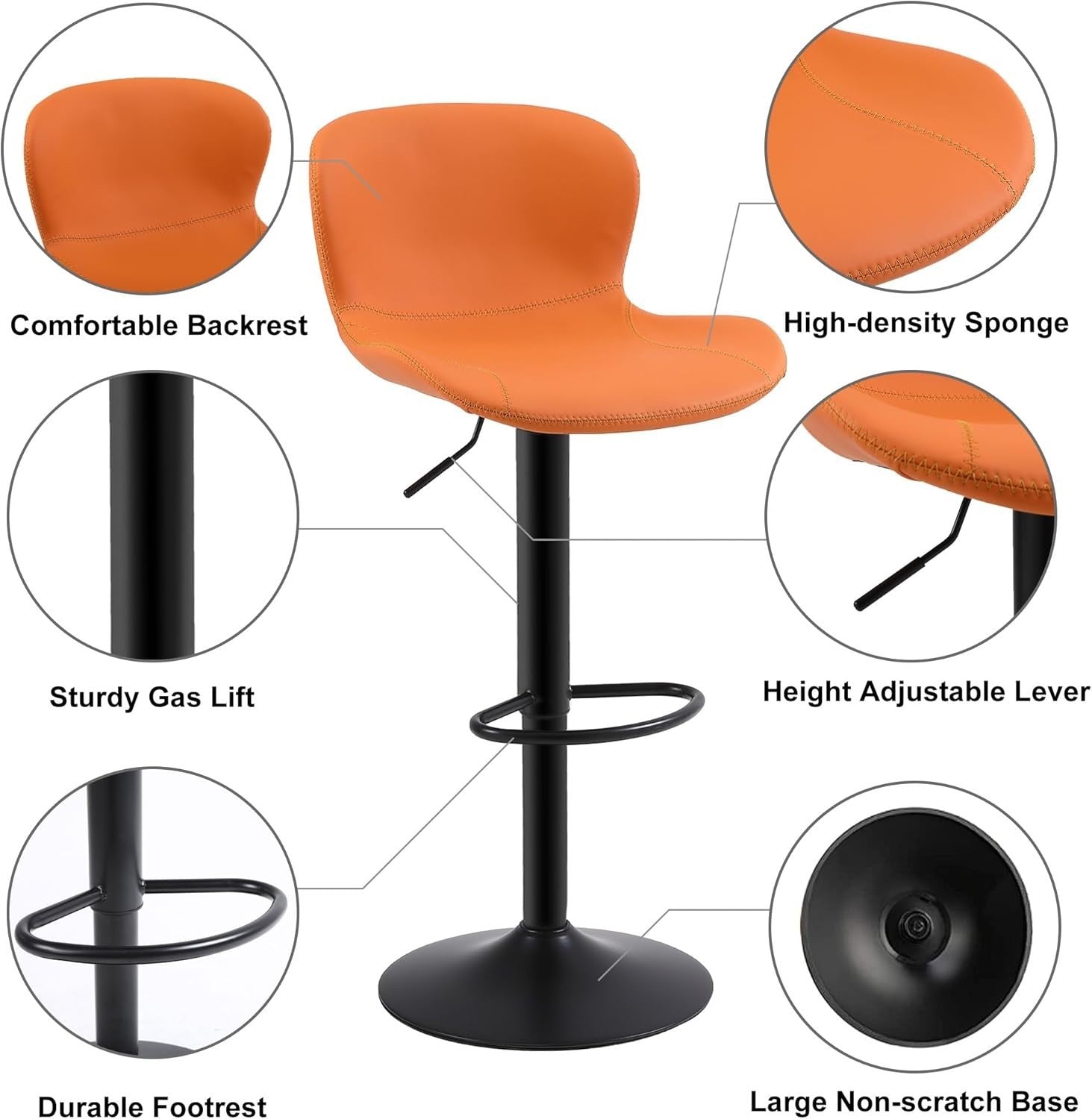 Orange PU Leather Bar Stools Set of 3 | Adjustable Swivel Counter Chairs