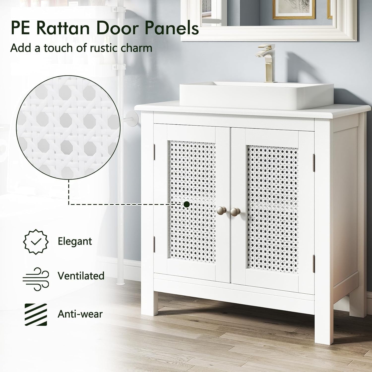White Under Sink Bathroom Cabinet with Rattan Doors – Freestanding Storage Unit