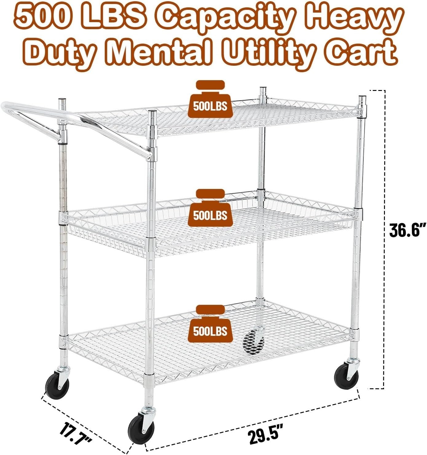 3 Tier Heavy Duty Utility Cart Rolling Metal Storage Trolley Silver