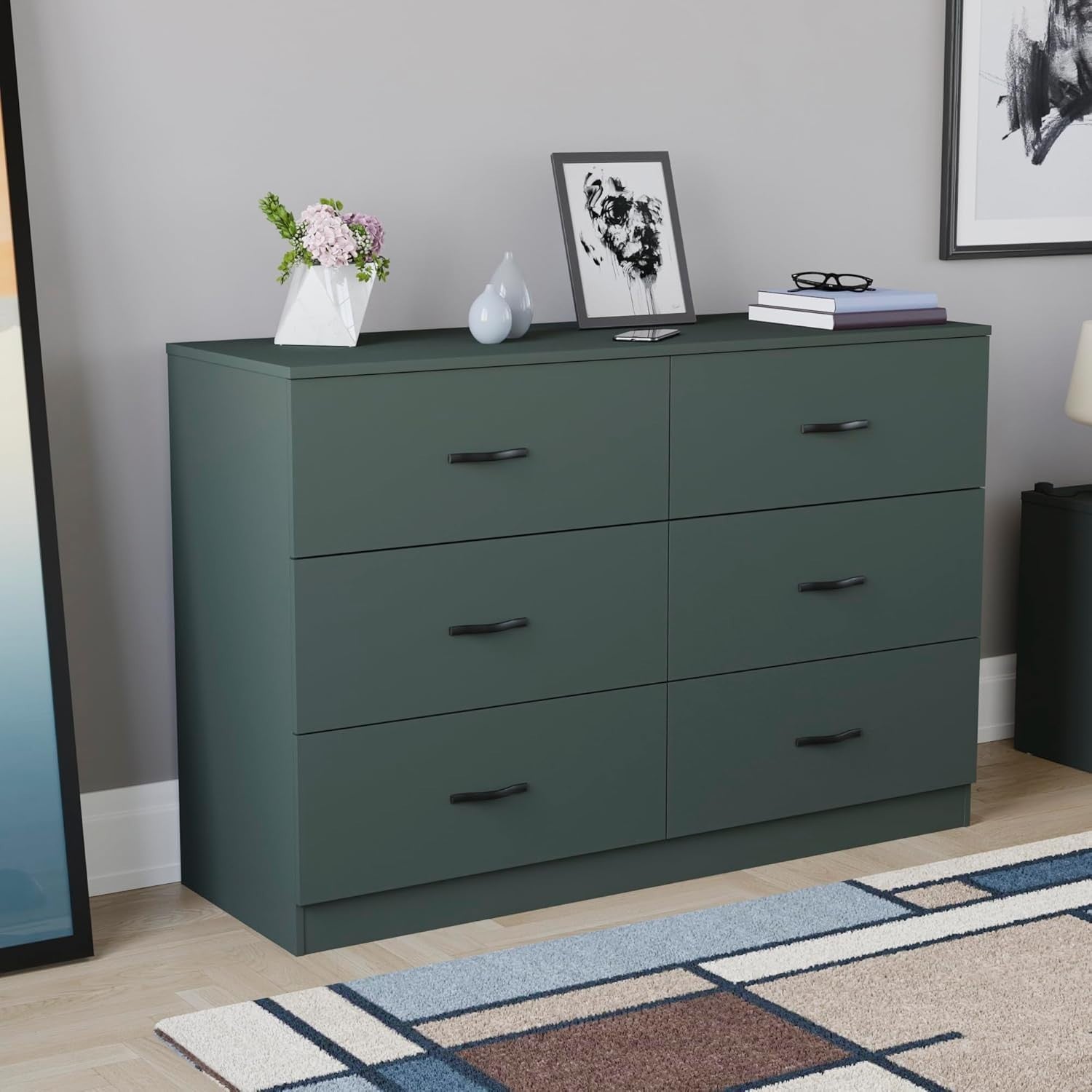 Jasper Green 6 Drawer Wide Chest Bedroom Storage Unit Modern Flatpack