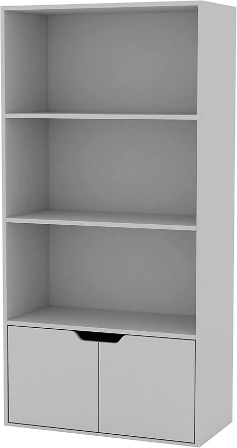 Modern White 4-Tier Wide Bookcase with Double Door Cupboard – Shelf Storage Unit