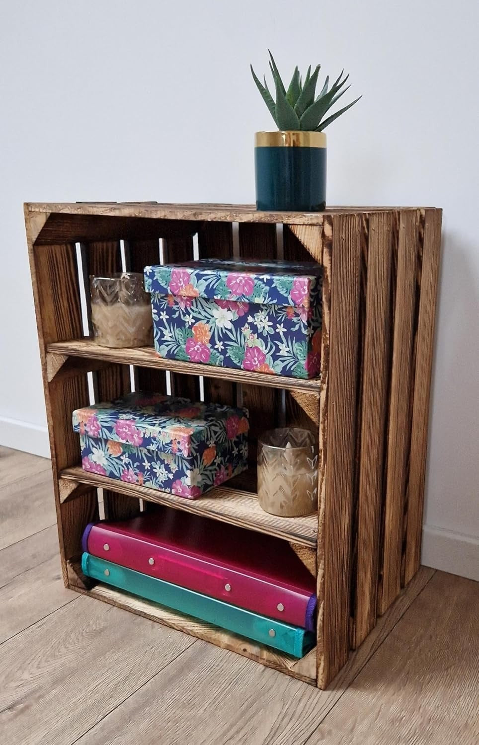 Wooden Tiered Storage Crates 2-Shelf Freestanding Organizer short burnt