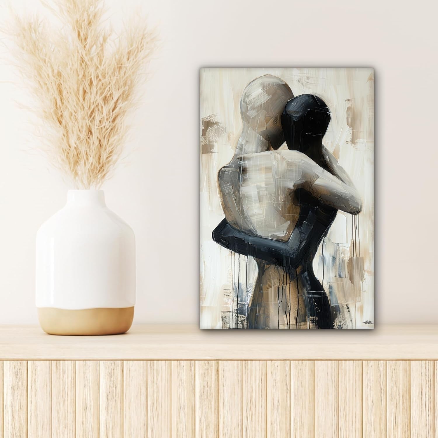 Abstract Couple Canvas Wall Art 20x30cm Modern Beige Framed Print