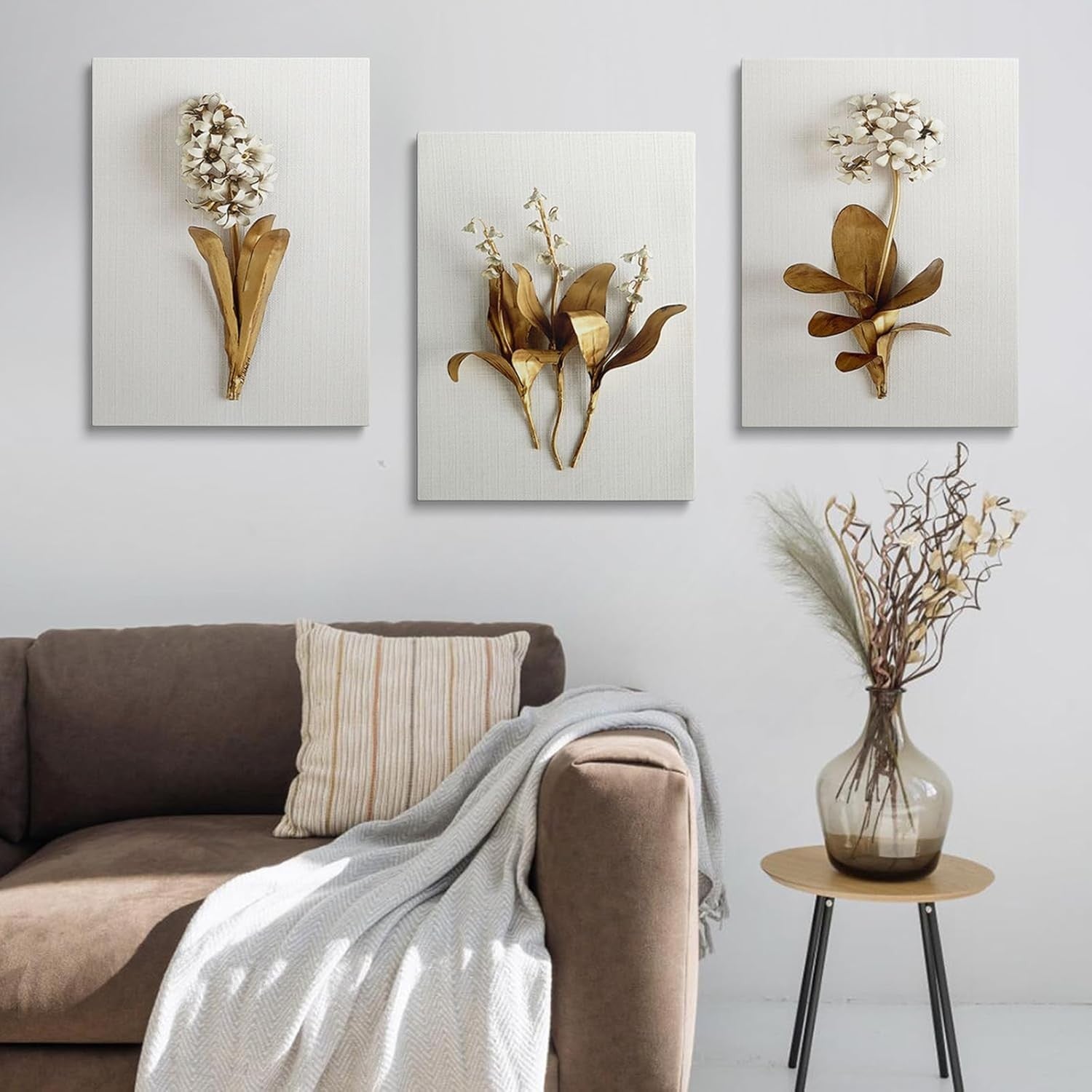 Framed Autumn Floral Canvas Wall Art Set of 3 16x12 Neutral Decor