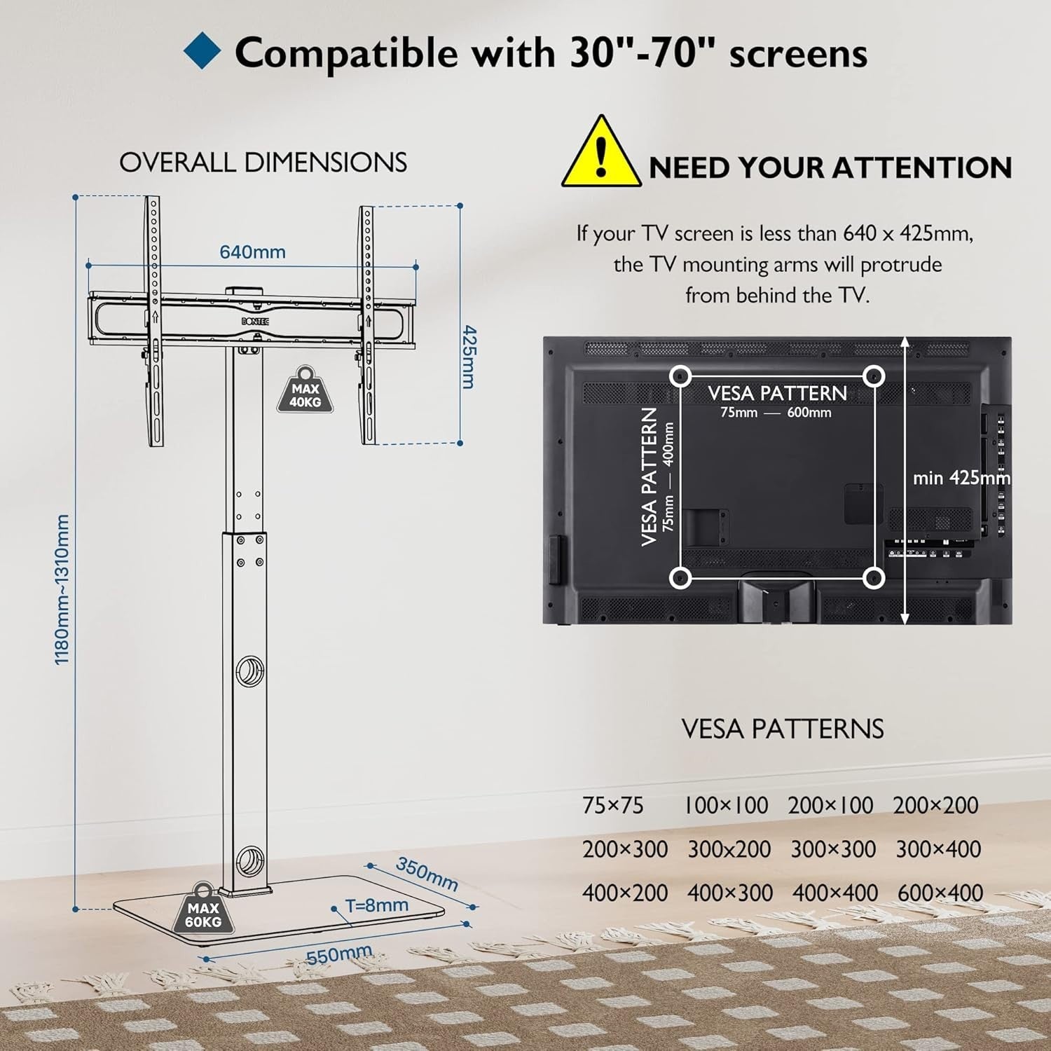 Adjustable Swivel TV Floor Stand 30-70" TVs, Tempered Glass Shelf, 40kg