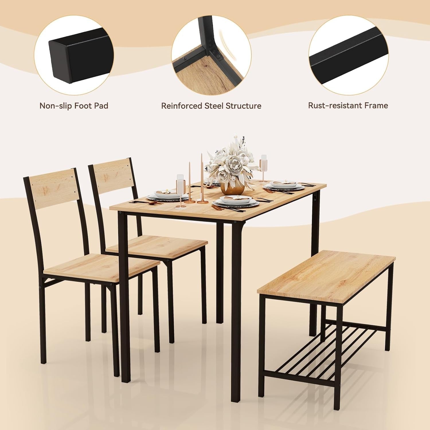 Oak Dining Table Set with 2 Chairs & Bench | Space-Saving, Modern Design
