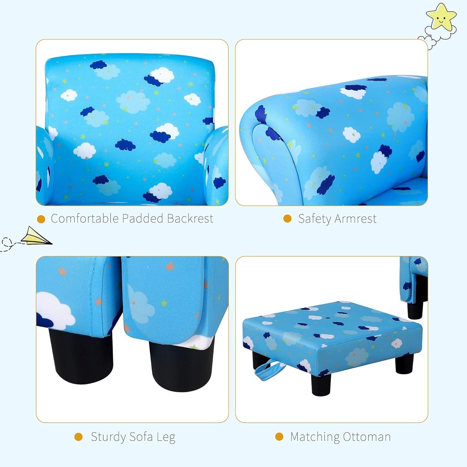 Toddler Armchair with Footrest Kids Sofa Chair Blue Cloud Star Design 18-36M
