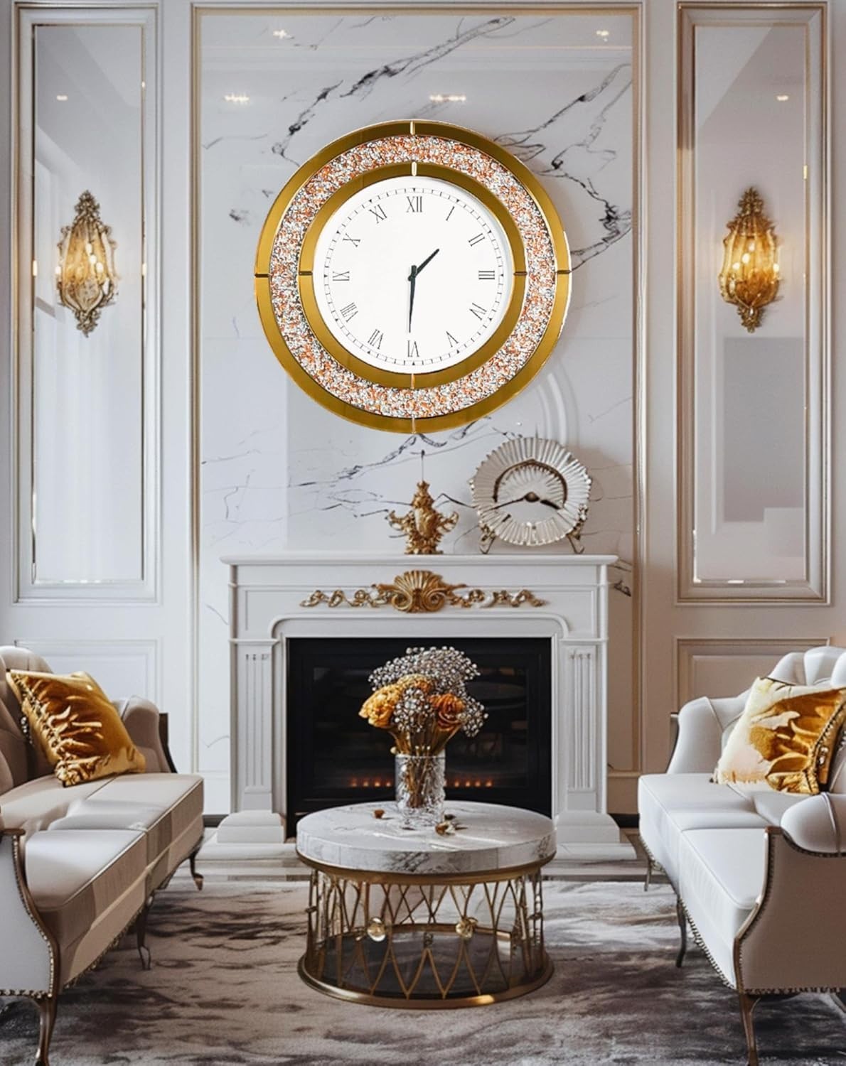 60cm Mirrored Wall Clock Crushed Diamond Inlay Roman Numerals Bling Decor