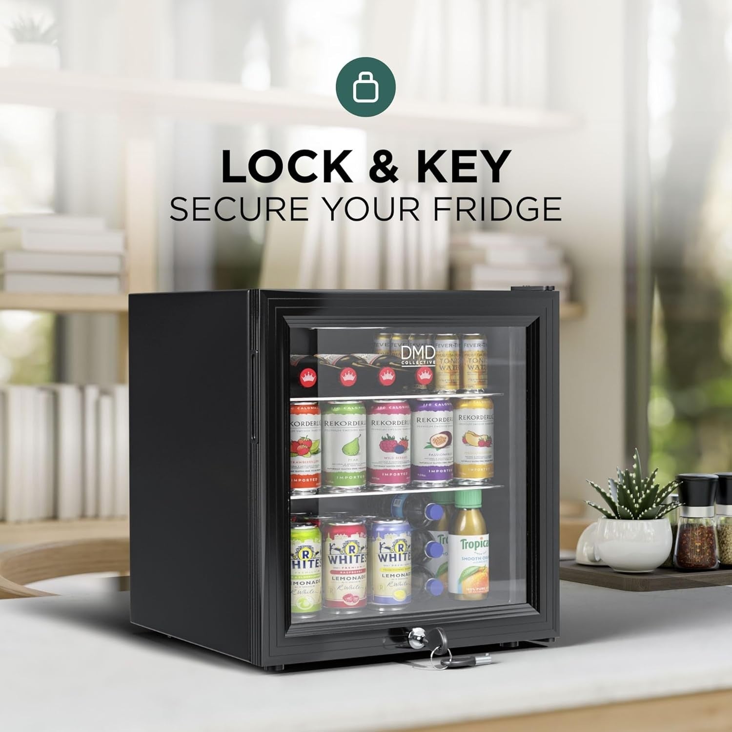 50L Mini Fridge Countertop Glass Door LED Lockable Black Freezerless