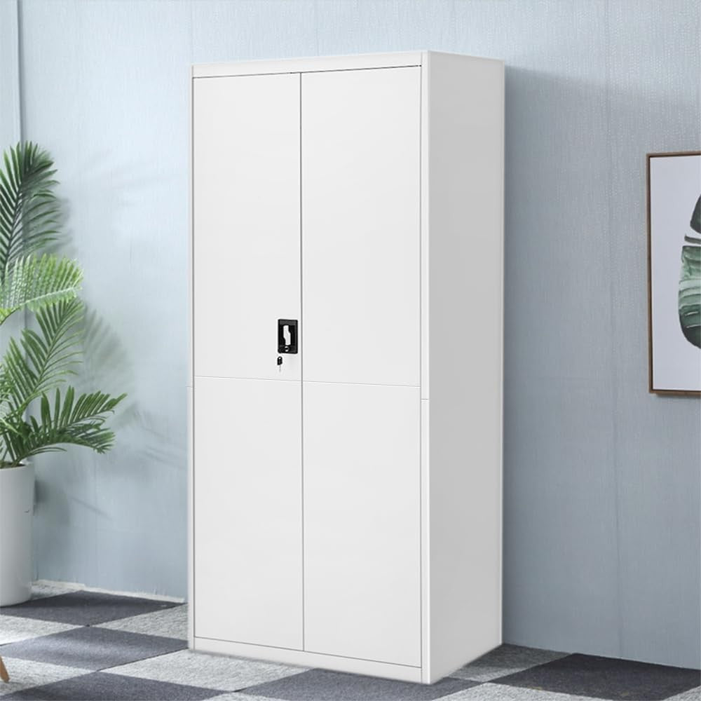 Tall Grey White Metal Storage Cabinet 2 Door Cupboard 5 Shelves 185cm