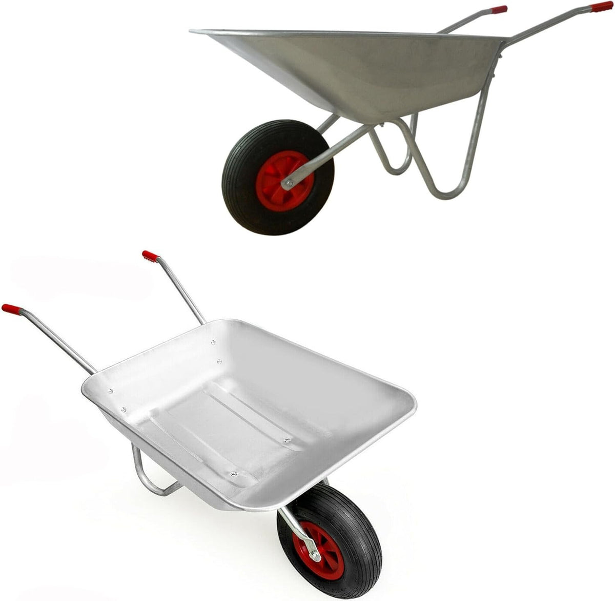 2 65L Pneumatic Wheelbarrow – Silver Galvanised Steel Heavy Duty Garden Cart Set