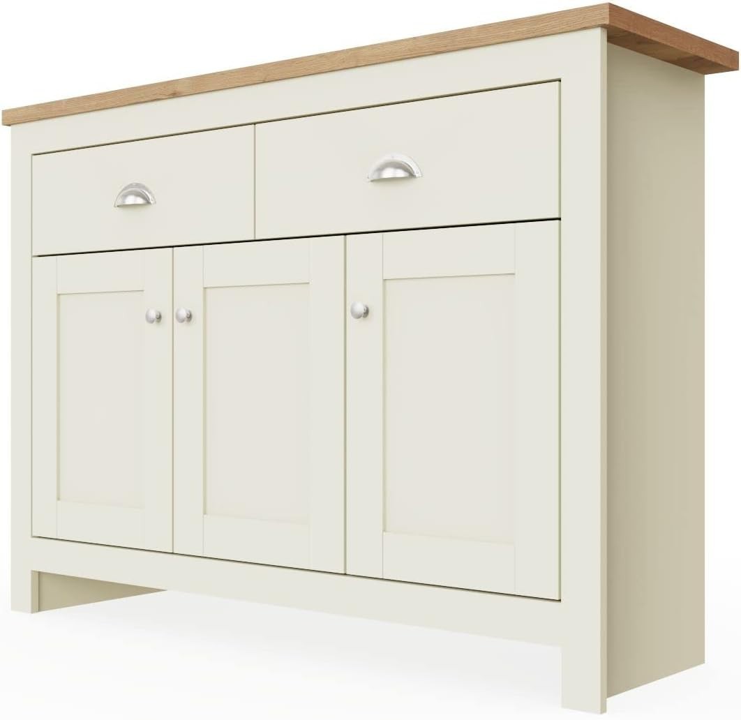 Cream Oak Sideboard 3 Doors 2 Drawers Buffet Storage Cabinet Durable Wood