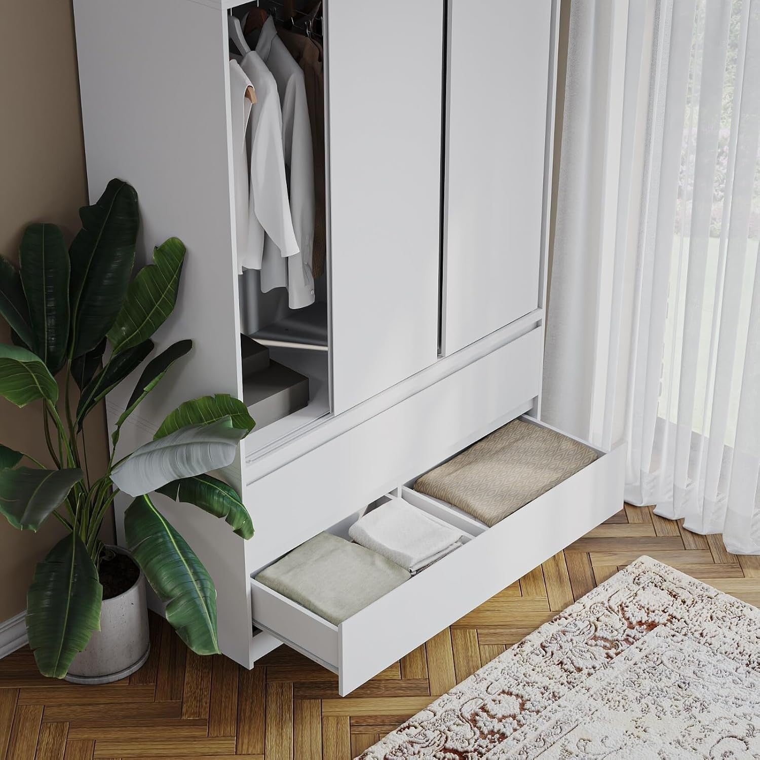 White Sliding Wardrobe 240cm 6 Doors 4 Drawers Bedroom Closet Storage Unit
